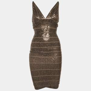 Herve Leger Brown Sequin Sleeveless Bodycon Dress S