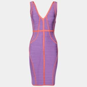 Herve Leger Violet/Coral Knit Sleeveless Bandage Dress XS