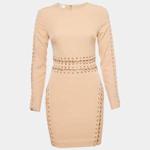 Pre Owned House of Cb Beige Crepe Lace-Up Sheath Dress S