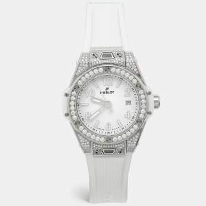 Pre Owned Hublot Big Bang One Click 485.SE.2010.RW.1604 White Dial Stainless Steel Resin Diamond Rubber Women's Wristwatch 33 mm