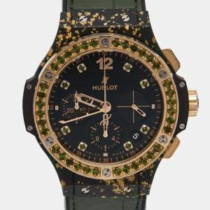 Hublot Black 18K Rose Gold Green Linen Rubber Alligator Leather Big Bang Limited Edition 341.XG.1280.LR.1229 Women's Wristwatch 41 mm