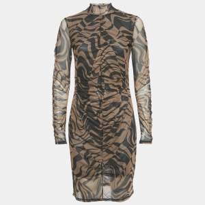 Pre Owned Hugo Boss Brown Printed Stretch Mesh Ruche Short Dress L