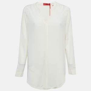 Hugo Boss Off White Silk Lace Trim Long Sleeve Button Front Blouse S