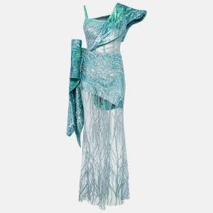 Ihlab Jiryis Mermaid Blue Sheer Embellished Tulle and Lurex Jacquard Asymmetric Gown S