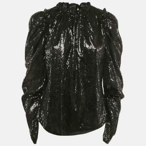 INGIE PARIS Black Sequin Crepe Ruffled Top S