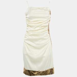 Pre Owned Invito Haute Couture Cream Satin Rushed Sequin Detail Mini Dress S