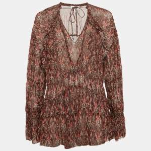 IRO Red Printed Semi-Sheer Crepe V-Neck Janie Top M