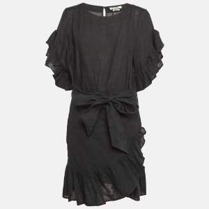 Isabel Marant Etoile Black Linen Ruffled Faux Wrap Dress M