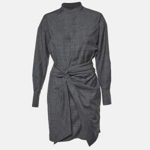 Isabel Marant Etoile Grey Plaid Wool Draped Short Dress M