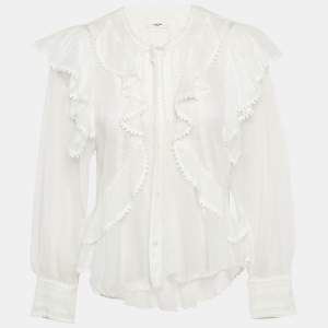 Isabel Marant Etoile White Embroidered Cotton Lace Trim Ruffle Detail Blouse XS