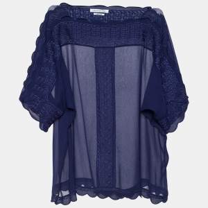 Isabel Marant Etoile Navy Blue Crepe Embroidered Axel Sheer Blouse M