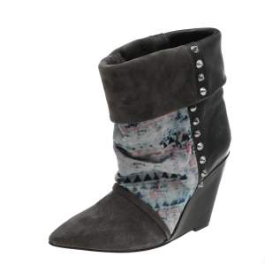 Pre Owned Isabel Marant Multicolor Suede And Leather Printed Corduroy Kate Wedge Ankle Boots Size 36