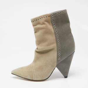 Pre Owned Isabel Marant Grey/Beige Suede and Leather Lance Ankle Boots Size 38