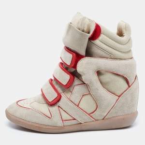 Isabel Marant Grey/Metallic Red Suede and Leather Bekett Wedge Sneakers Size 36