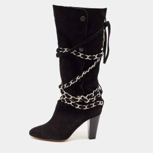Isabel Marant Black Suede Chain Details Mid Calf Boots Size 39