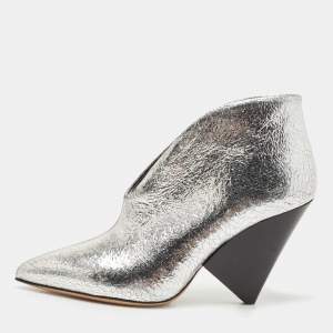 Isabel Marant Silver Foil Textured Leather Adenn Ankle Booties Size 38