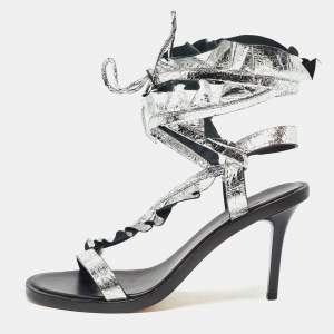 Isabel Marant Silver Texture Leather Aseta Ankle Strap Sandals Size 39