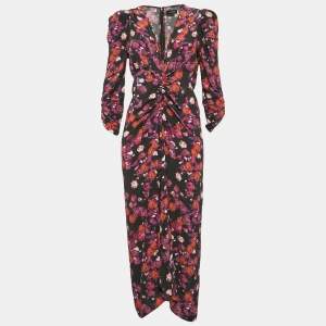 Isabel Marant Black Floral Print Midi Ruched Midi Dress M