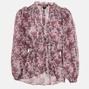 Isabel Marant Purple Printed Silk Ruffle Detail Top S