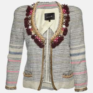 Isabel Marant Grey Striped Linen Crystal Embellishment Jacket M