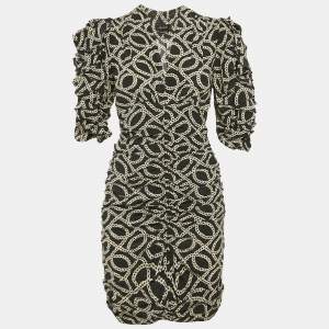 Isabel Marant Black Printed Silk Ruche Detail Mini Dress S