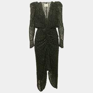 Isabel Marant Black Flocked Chiffon Ruche Asymmetric Midi Dress M