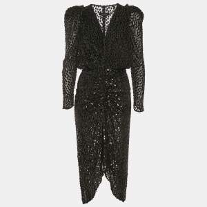 Pre Owned Isabel Marant Black Dot Devore Plunge Neck Ruched Midi Dress M