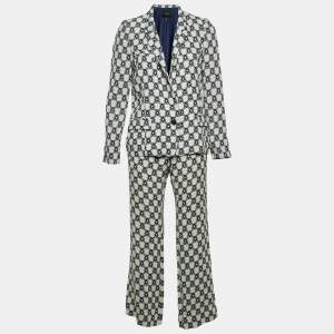 Pre Owned Isabel Marant Off-White & Navy Blue Patterned Crepe Blazer & Pant Suit M