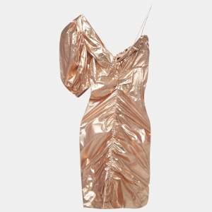 Pre Owned Isabel Marant Rose Gold Metallic Cotton One Shoulder Ruched Mini Dress S