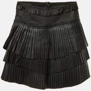 Pre Owned Isabel Marant Black Leather Pleated Tiered Mini Skirt S 