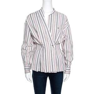 Isabel Marant Pink and White Striped Cotton Jacquard Wrap Front Silvia Shirt M