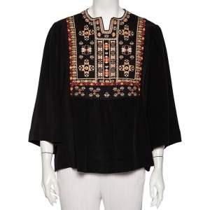 Isabel Marant Black Silk Embroidered Roma Top L