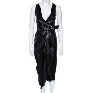 Isabel Marant Black Leather Draped D-Ring Wrap Dress S