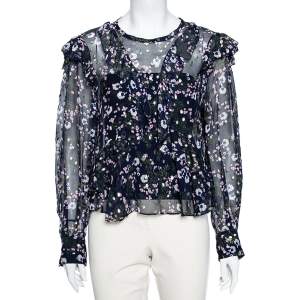 Isabel Marant Navy Blue Floral Printed Silk & Lurex Ruffle Trimmed Blouse S