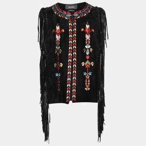 Isabel Marant Black Embroidered Suede Fringed Open-Front Vest L