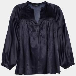 Pre Owned Isabel Marant Navy Blue Cotton & Silk Satin Pleated Blouse L