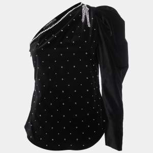 Pre Owned Isabel Marant Black Velvet Crystal Embellished One-Shoulder Top L