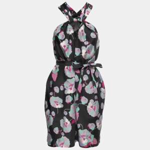 Pre Owned Isabel Marant Black Floral Printed Silk Belted Sleeveless Dress S