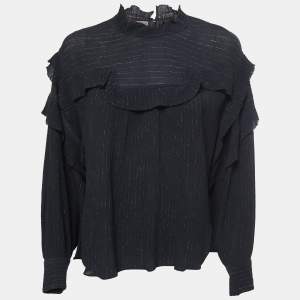 Isabel Marant Black Crinkled Cotton & Silk Ruffled Blouse M