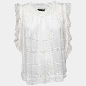 Isabel Marant White Ramie Pleated Front Lace Trimmed Top M