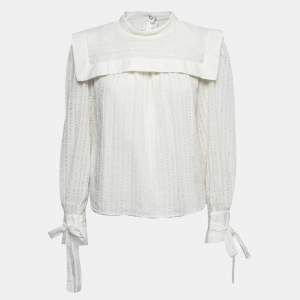 Isabel Marant White Eyelet Cotton Bib Detail Long Sleeve Blouse L