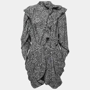 Isabel Marant Black Paisley Printed Silk Bruna Draped Mini Dress S