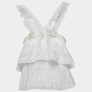 Isabel Marant White Ramie & Silk Lace Trimmed Ruffle Top M