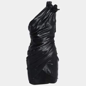 Isabel Marant Black Lame Draped One Shoulder Mini Dress M
