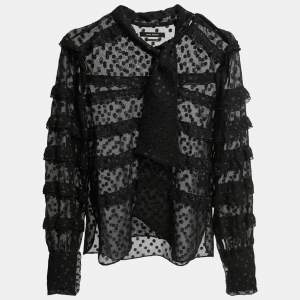 Isabel Marant Black Polka Dot Metallic Chiffon Ruffled Blouse S