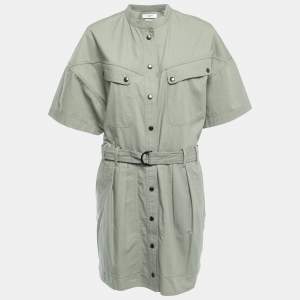 Isabel Marant Green Cotton Button Front Belted Short Dress L