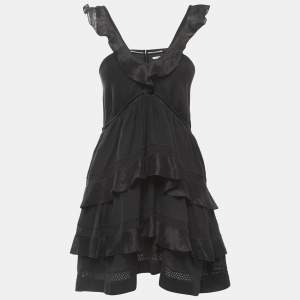 Isabel Marant Black Cotton Blend Tiered Strappy Mini Dress L