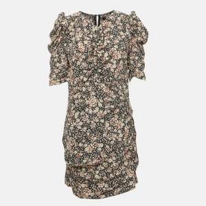 Isabel Marant Black Print Silk Ruched Mini Dress L