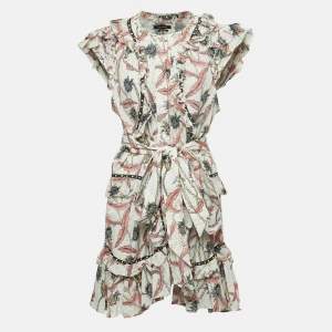 Isabel Marant Multicolor Print Studded Cotton Ruffle Belted Mini Dress L