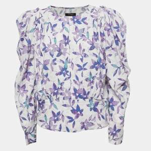 Isabel Marant Blue Floral Print Silk Blend Pleated Long Sleeve Blouse M